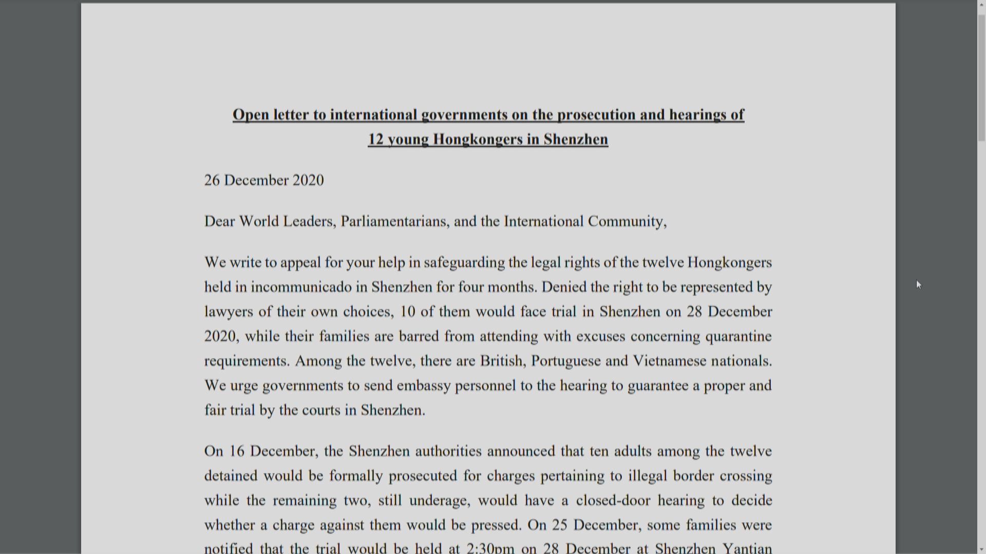 12港人案周一深圳開審　家屬發公開信籲各國領事旁聽