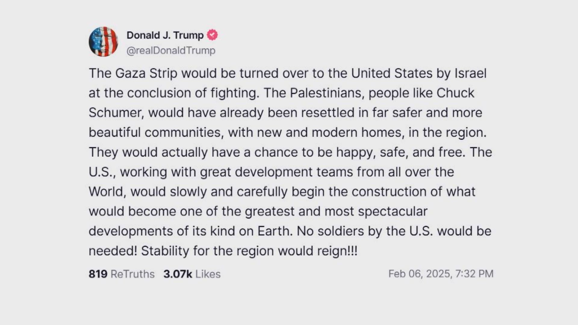 特朗普稱以哈衝突結束後加沙地帶由以色列轉交美國