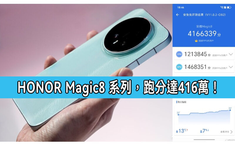 性能排行榜登首位，HONOR Magic8 跑分突破 416 萬!