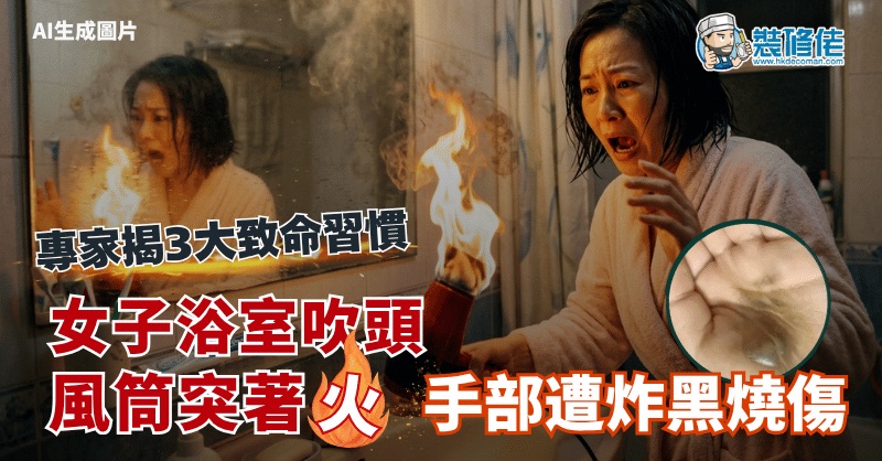 【浴室吹頭】風筒突然著火爆炸 女子手部遭炸黑燒傷 專家揭3大致命習慣 九成人都做錯