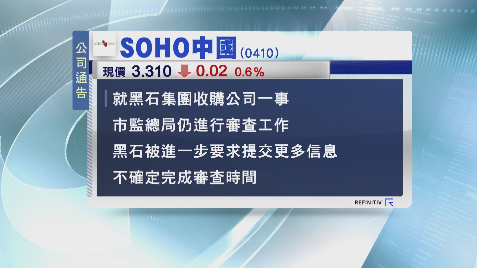 市監局仍審查黑石全購SOHO中國交易