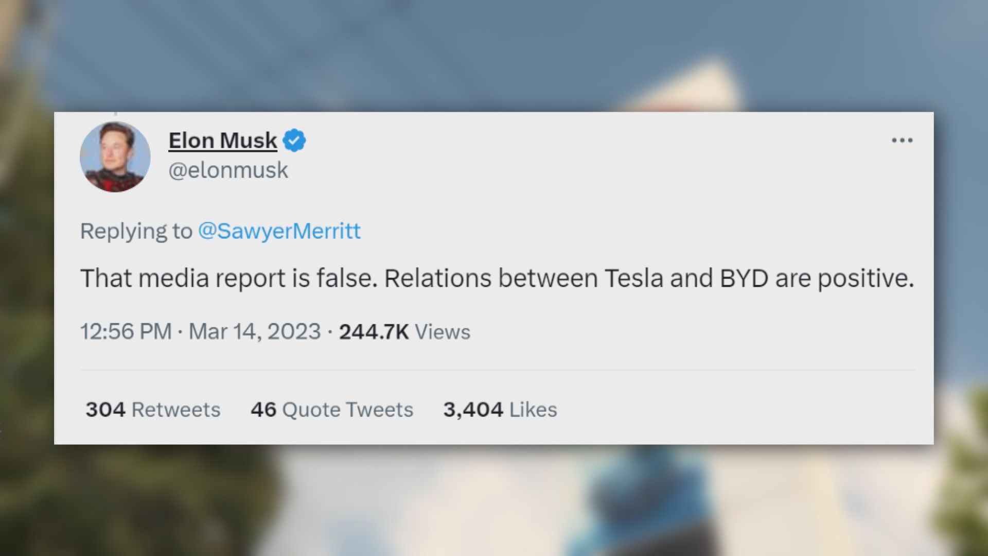 【否認叫停合作】馬斯克:Tesla跟比亞迪關係正面