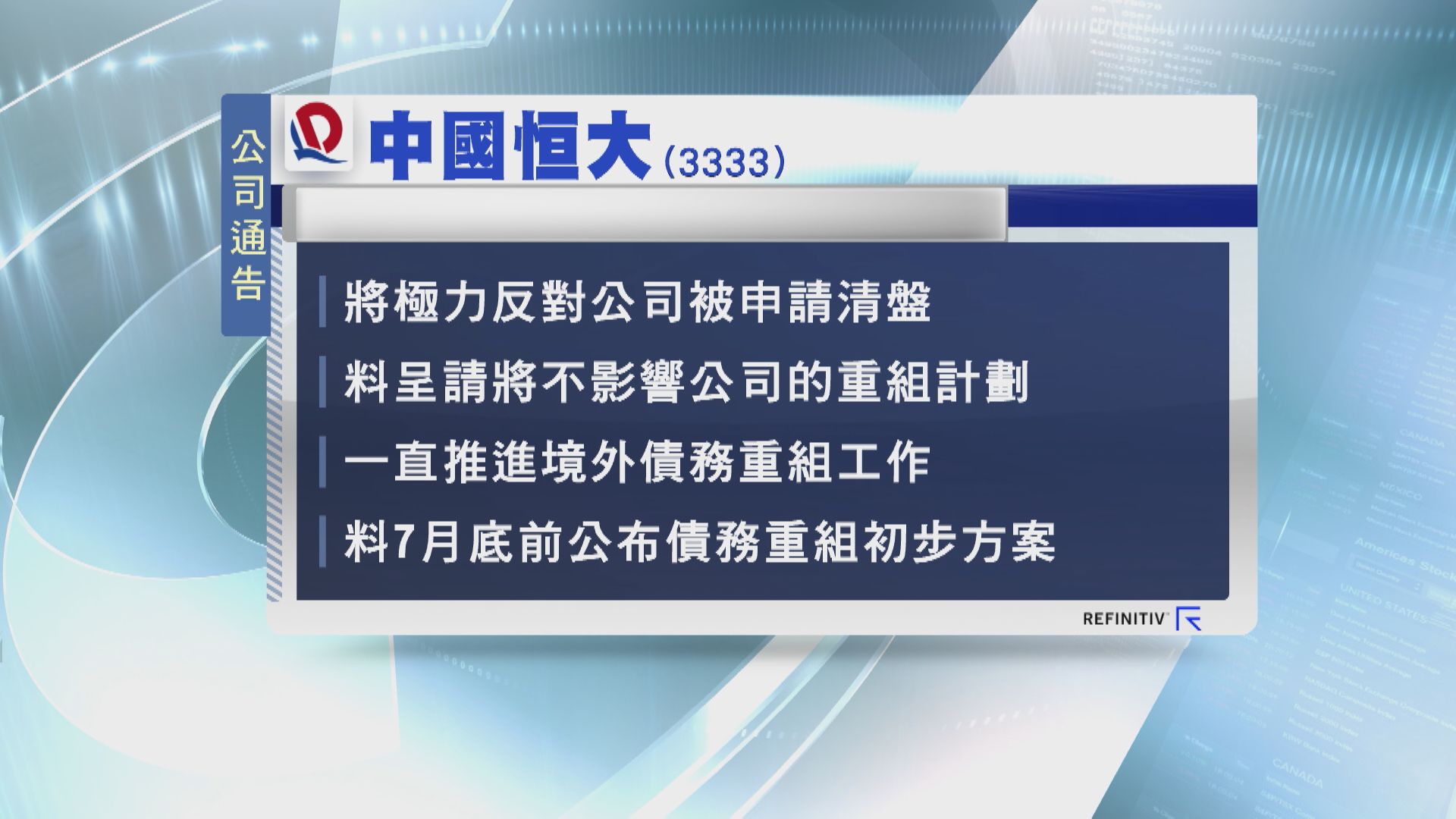 【遭入稟提清盤呈請】恒大:將極力反對  無礙重組