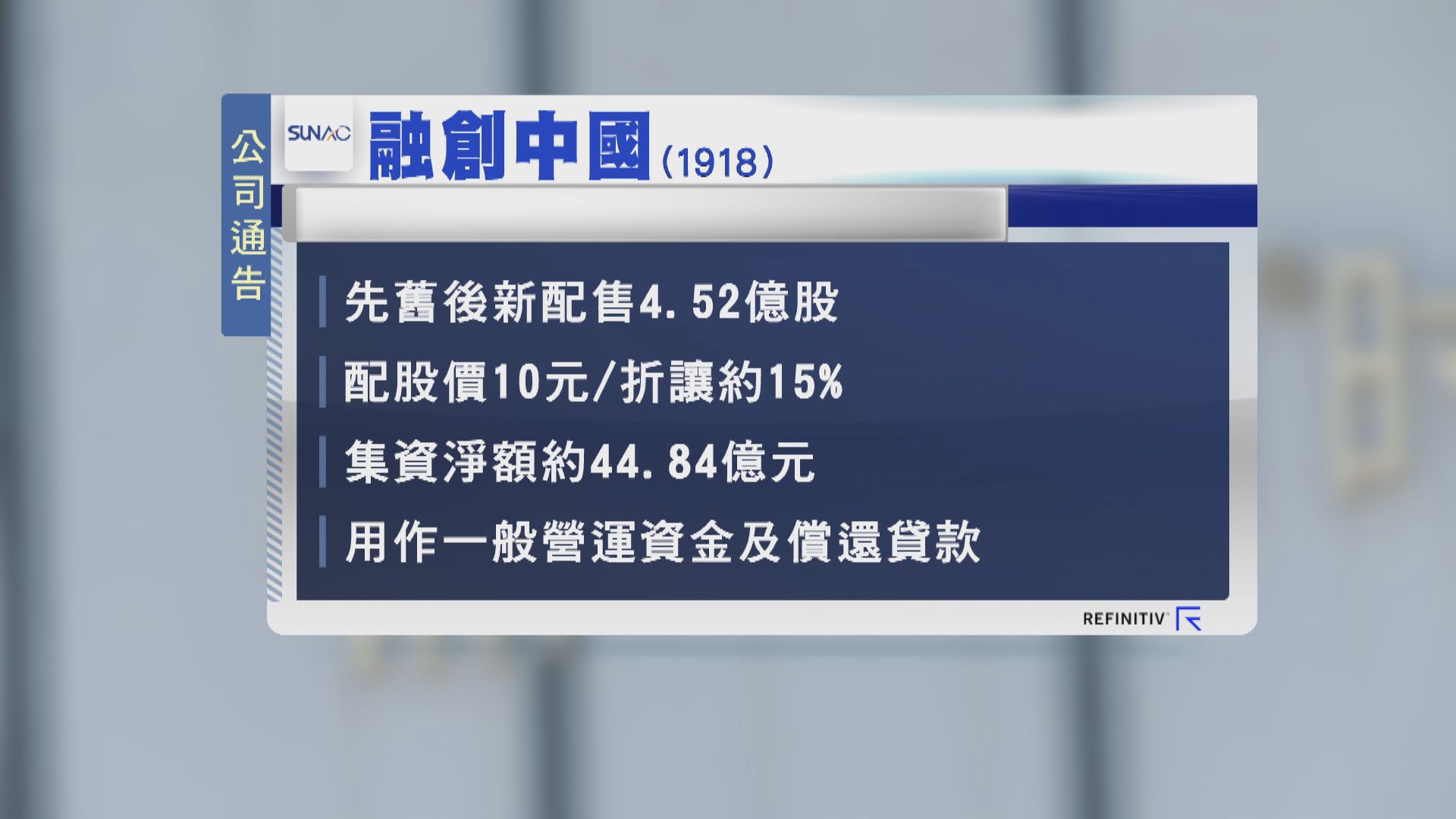 融創折讓配股還債 股價曾大跌20%