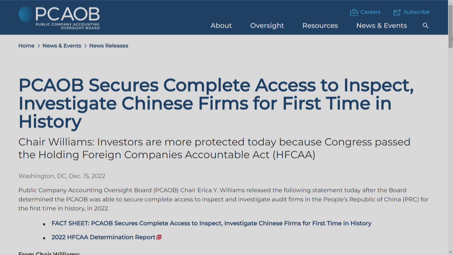 【中概股審計】PCAOB指獲全面檢查權 中證監稱續推進合作