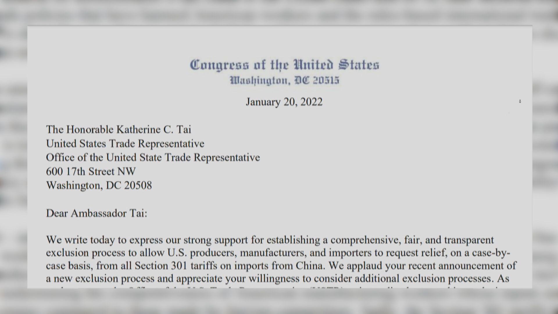 美兩黨議員致函戴琪 促擴中國商品關稅豁免