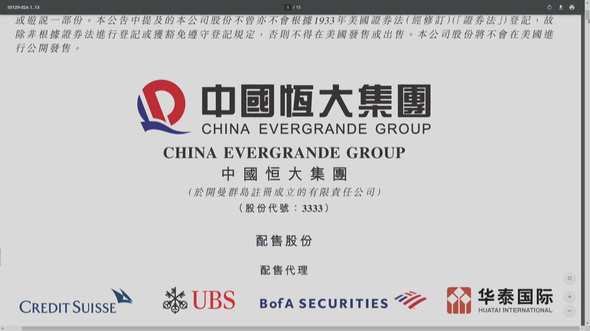 恒大配股集資規模「縮水」股價急挫逾一成