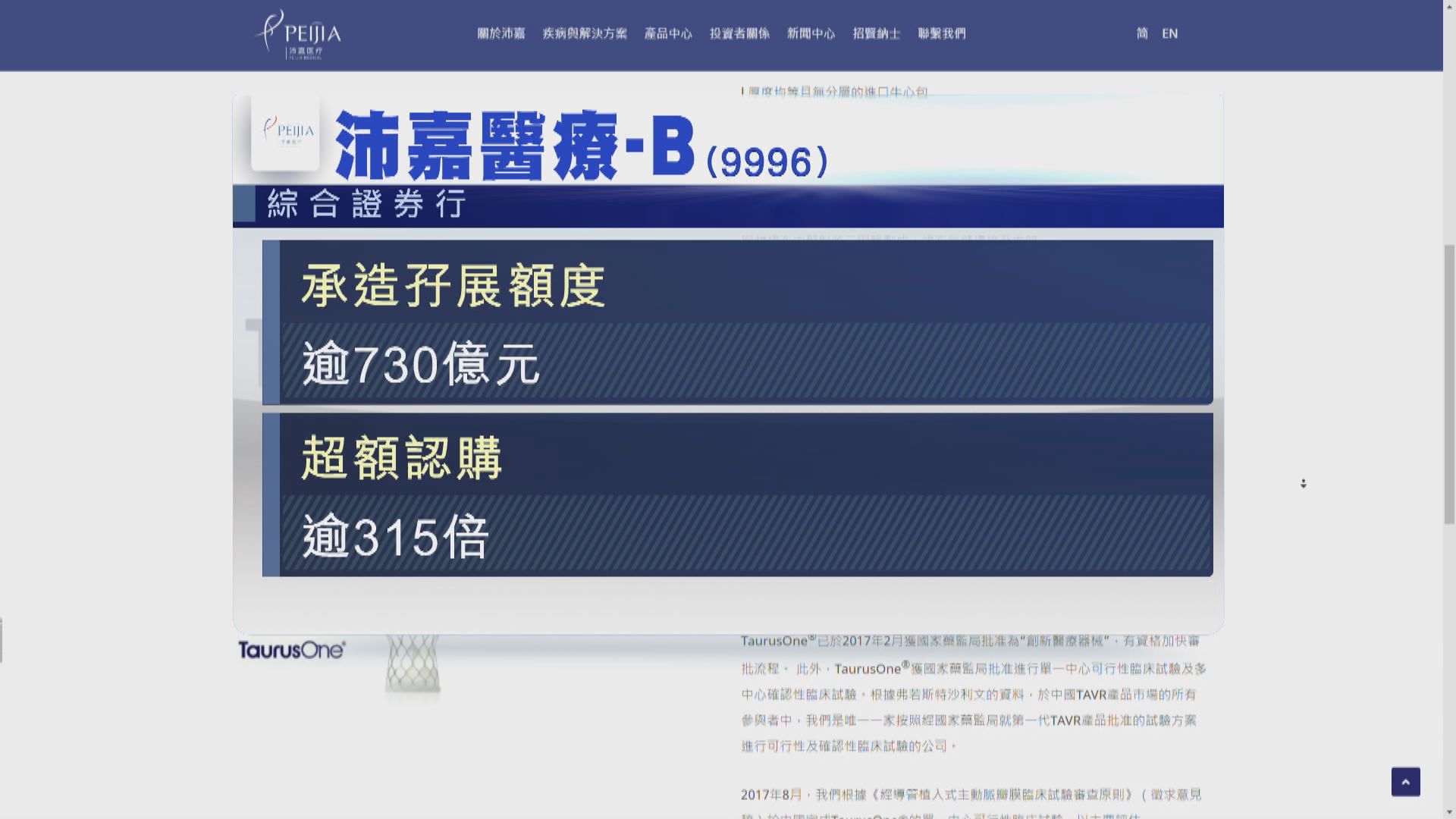 新股沛嘉醫療 孖展額突破730億元