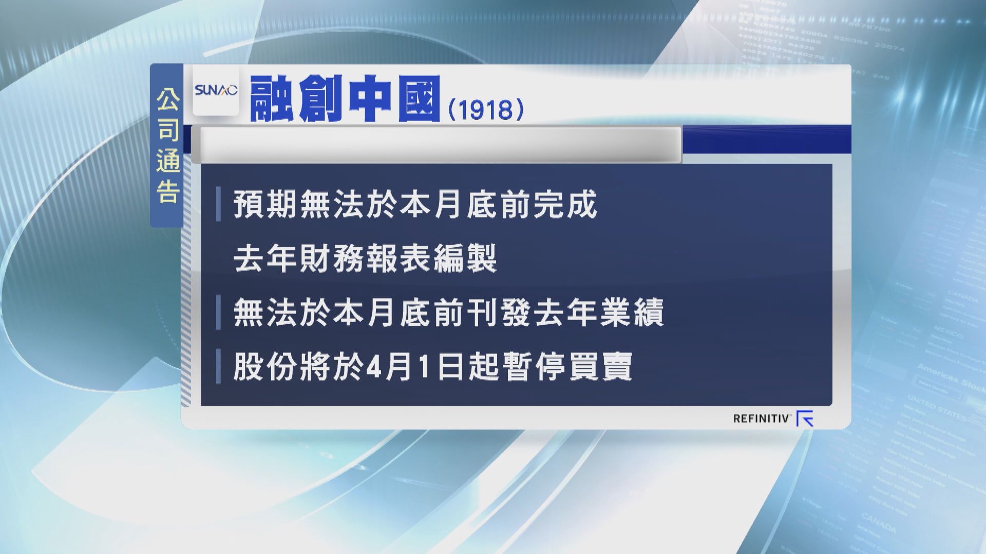 【預告「4‧1」停牌 】融創無法出業績曾瀉22%  恐陸續有來