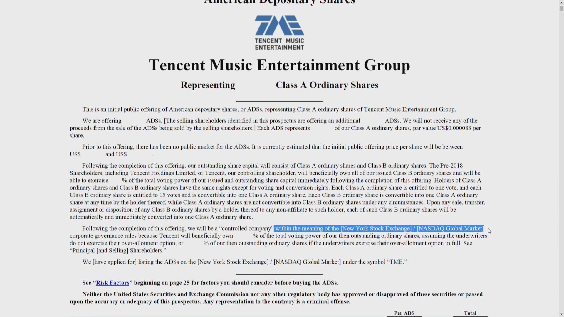 【未透露集資規模】騰訊音樂提交美國上市申請