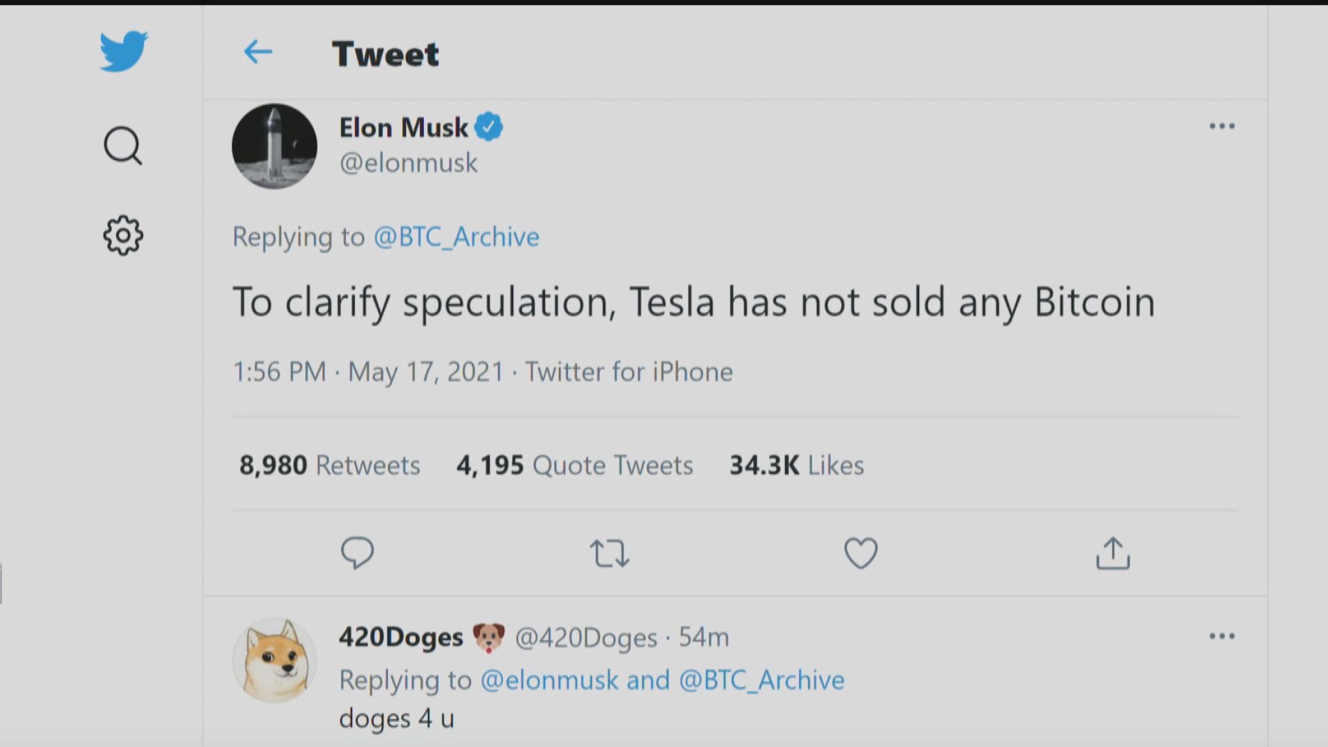 馬斯克澄清Tesla冇沽貨 Bitcoin即彈