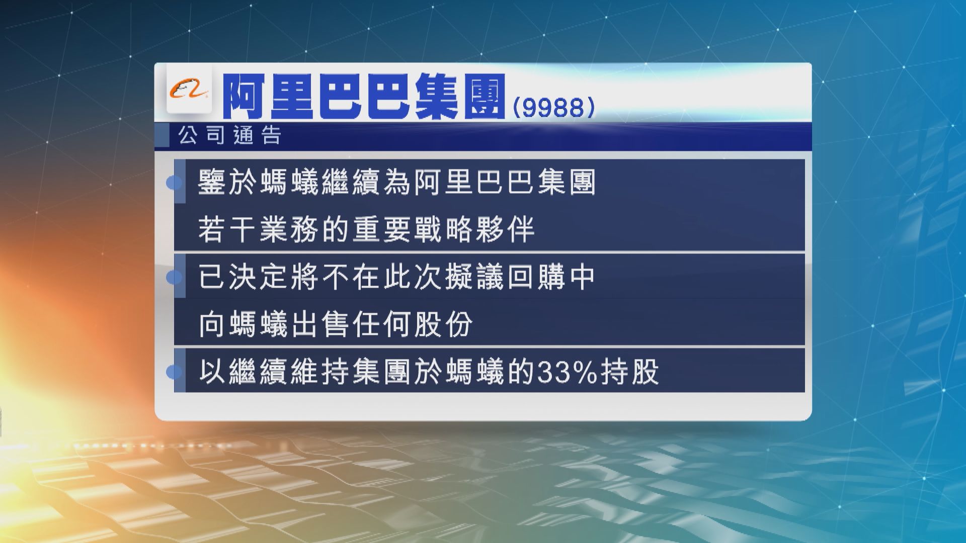 螞蟻股份回購 阿里巴巴不會參與