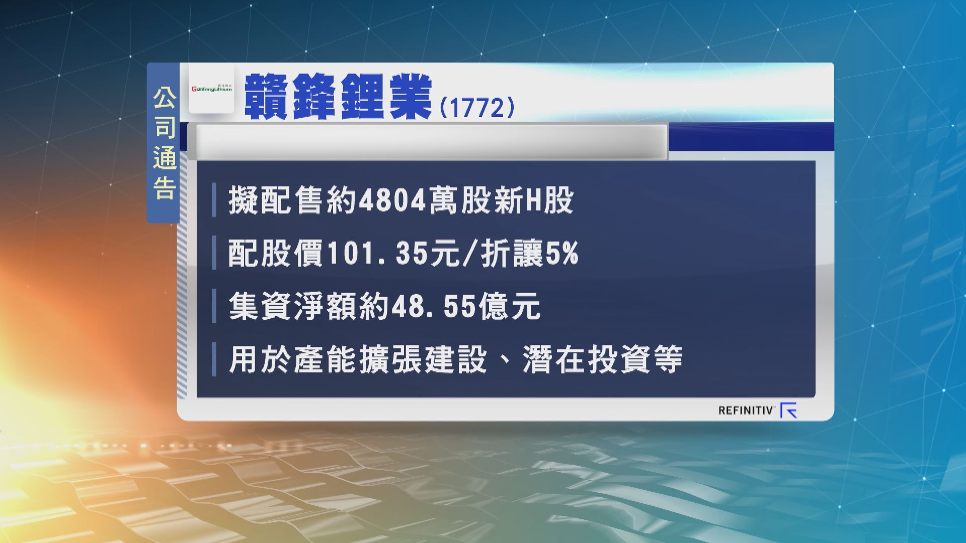 贛鋒鋰業折讓半成配股　集資逾48億元
