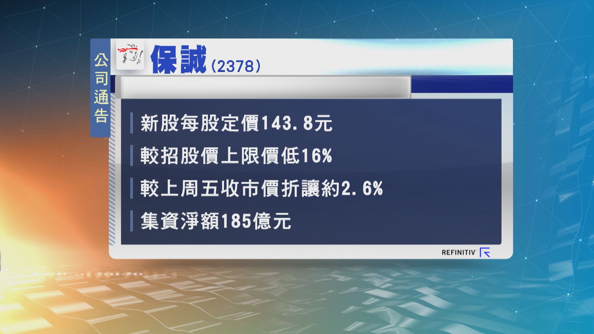 保誠新股定價143.8元所得款項淨額估計約185億