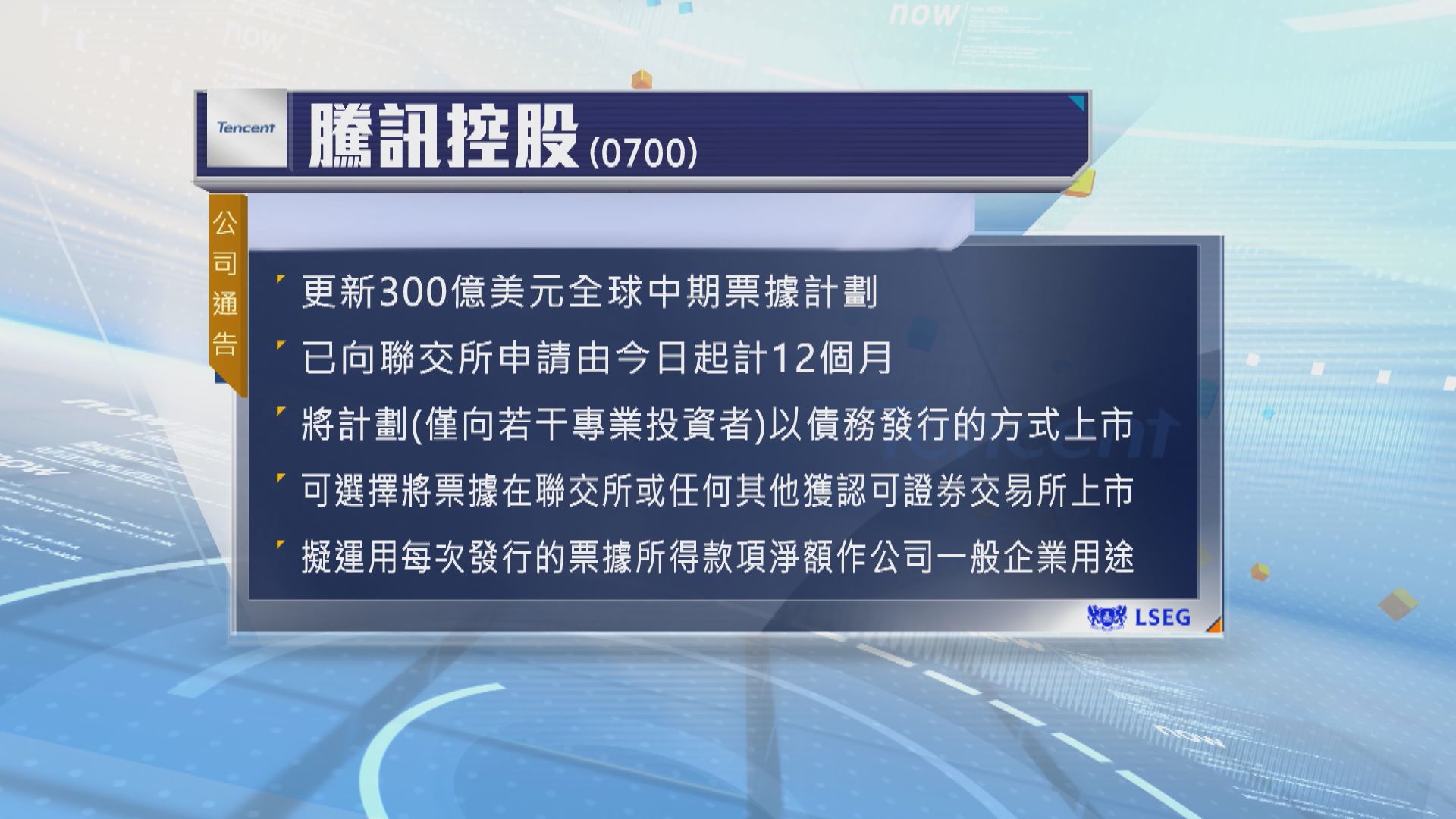 騰訊控股更新300億美元全球中期票據計劃
