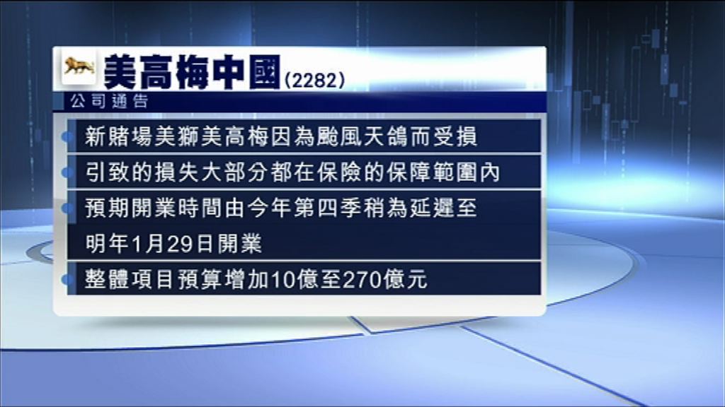 【天鴿影響】美高梅：新賭場延至明年1月底開幕