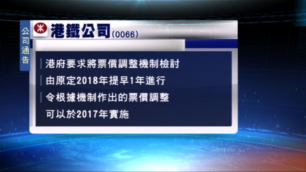 港鐵：港府要求提早一年檢討票價調整機制