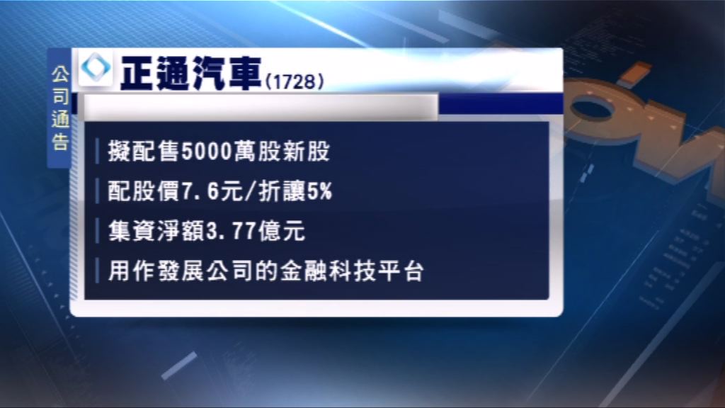 正通汽車計劃配股　集資逾3.7億元