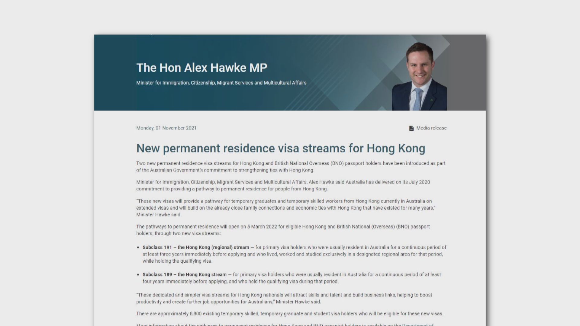 澳洲指當地約九千港人合資格申請永久居留