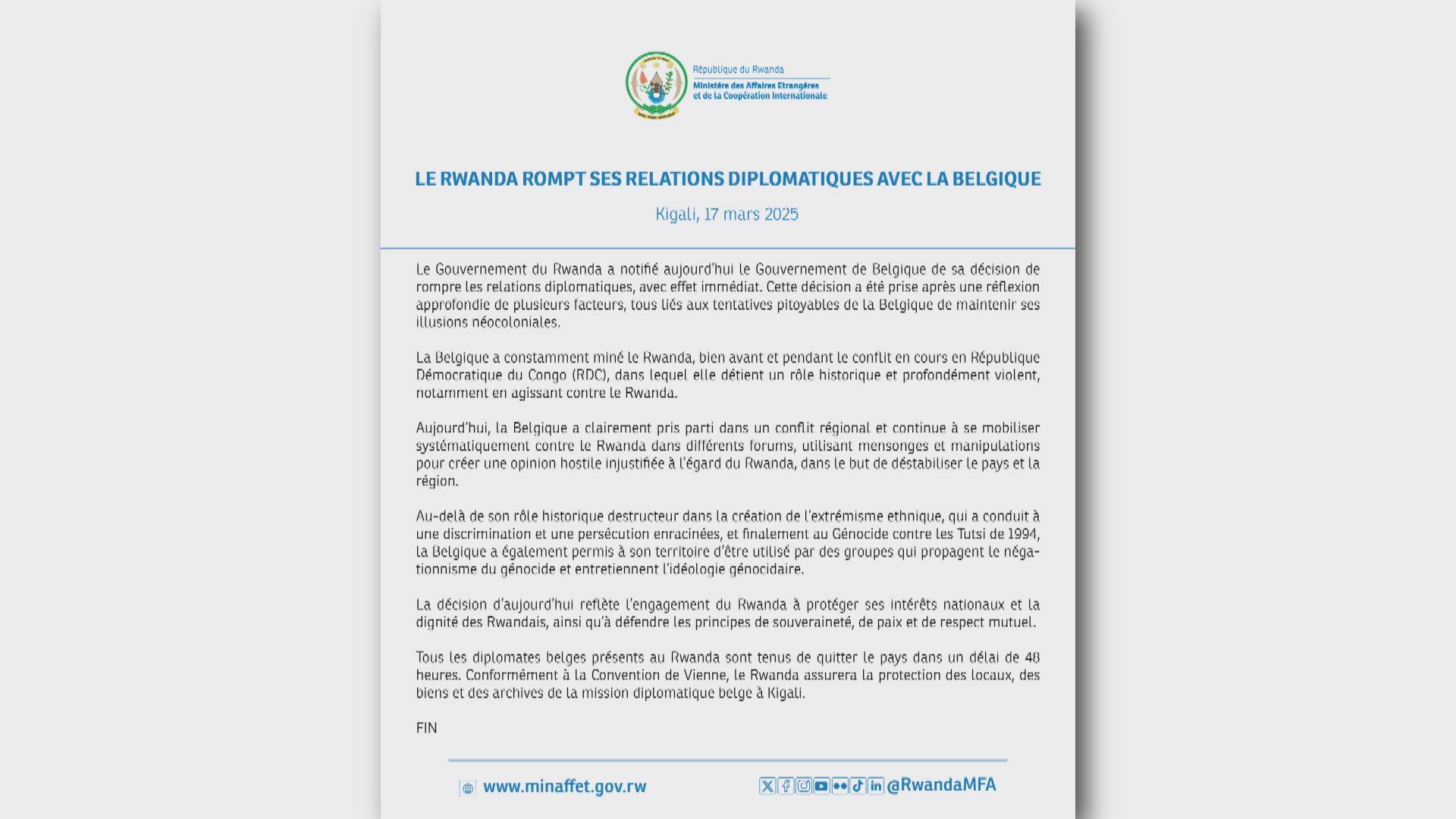 盧旺達宣布與比利時斷交