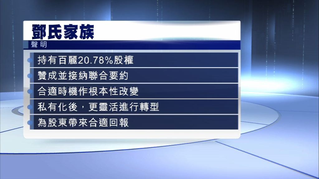 【百麗私有化】鄧氏家族贊成並接納聯合要約