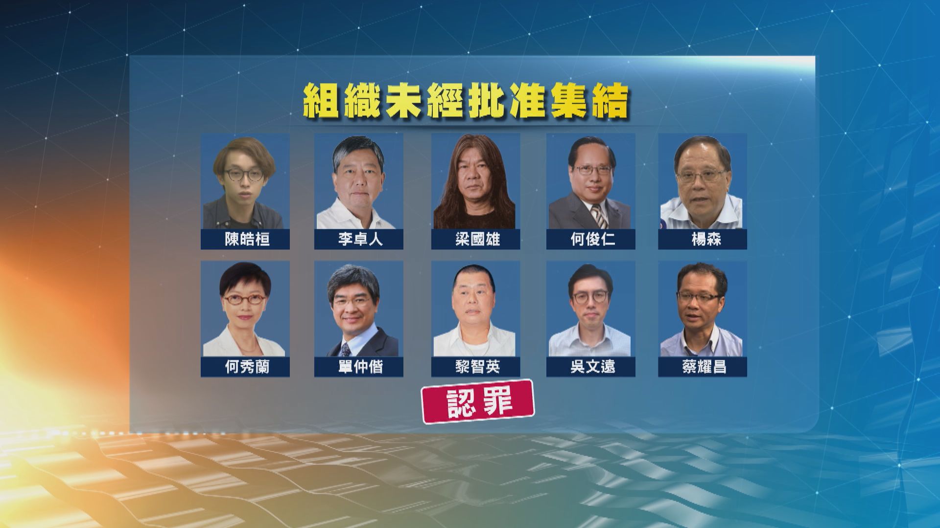 黎智英等十人承認前年組織未經批准集結　下周一求情下周五判刑