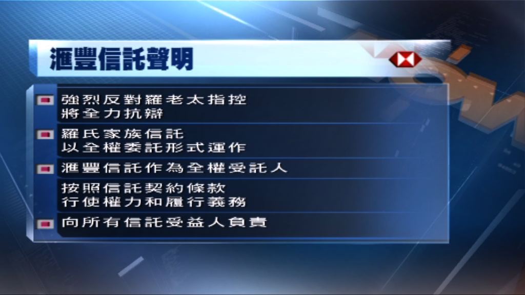 羅氏家族爭產案　滙豐信託反對羅杜莉君指控