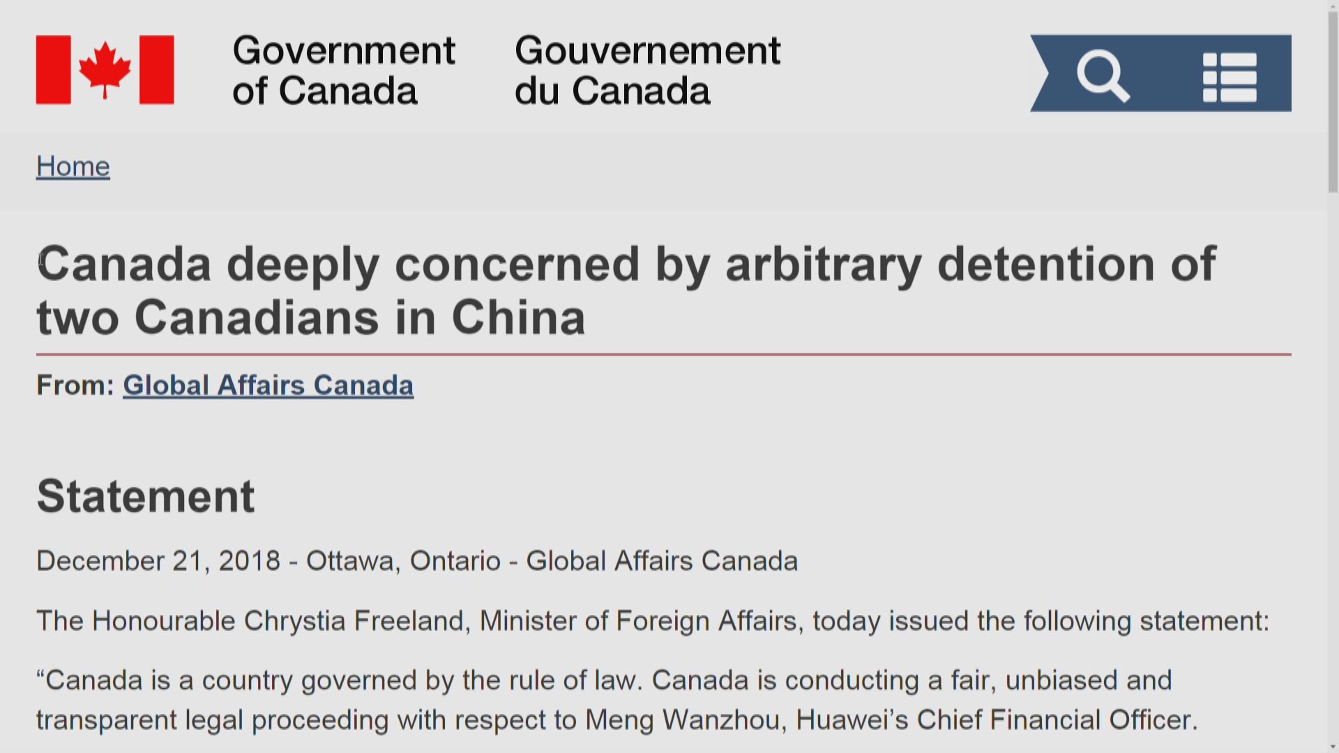 美國發聲明要求中國立即釋放加拿大公民