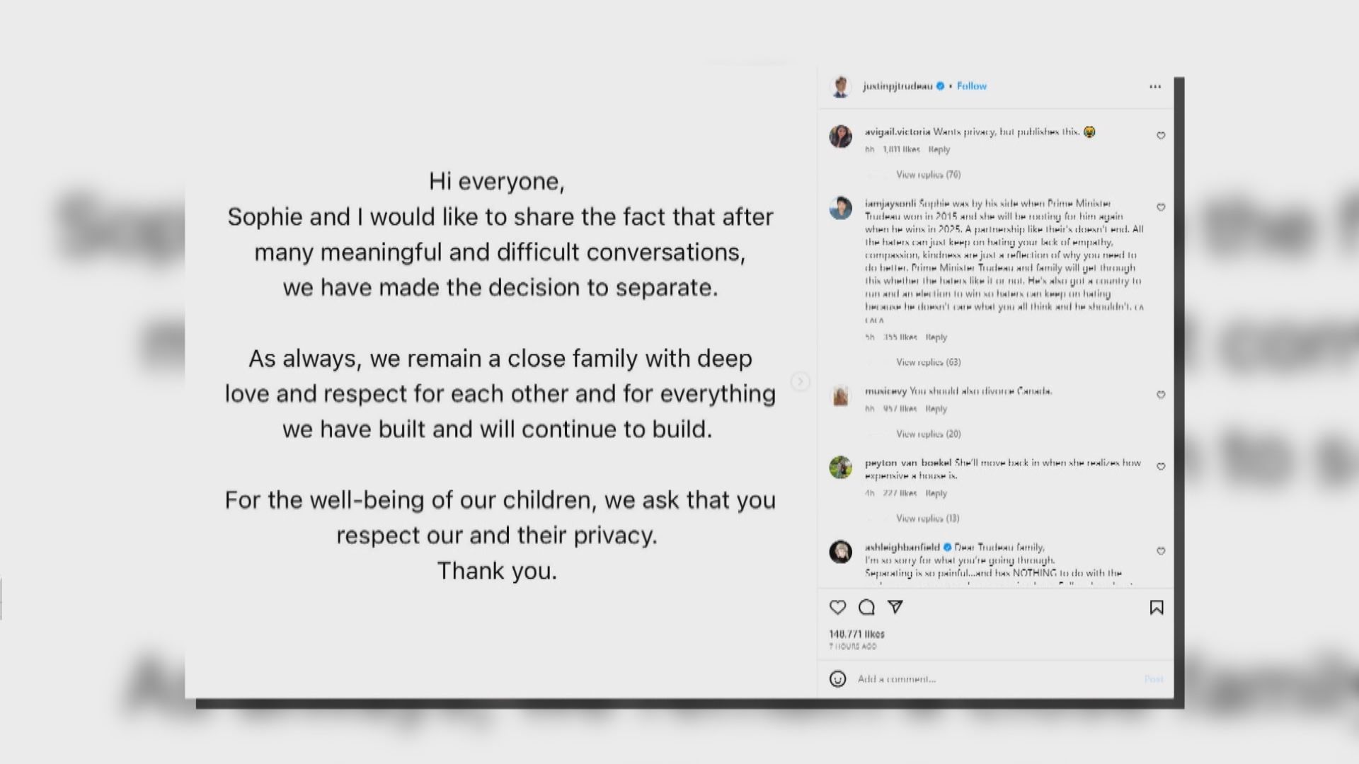 杜魯多宣布跟太太分居