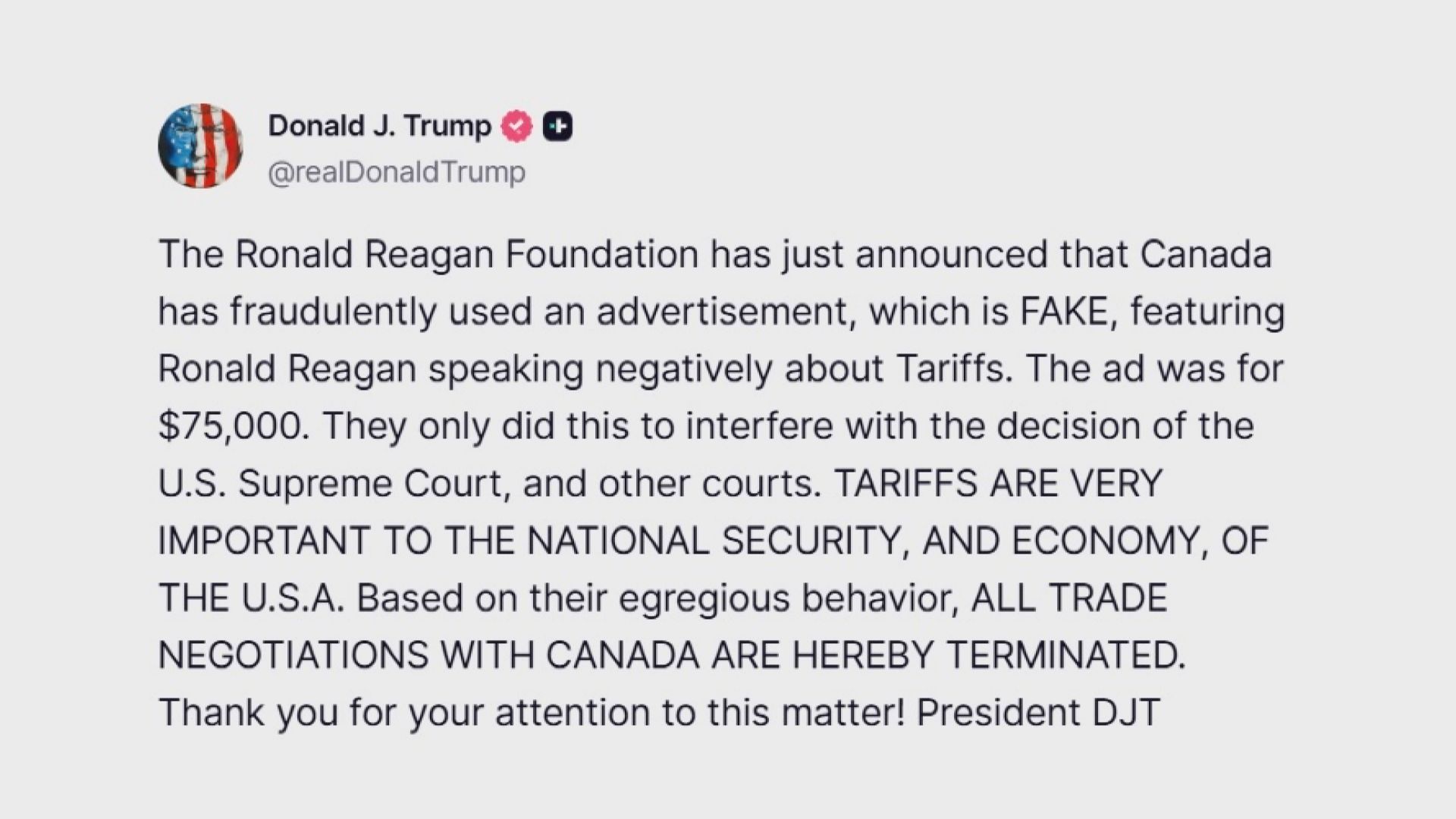 特朗普宣布暫停與加拿大所有貿易談判