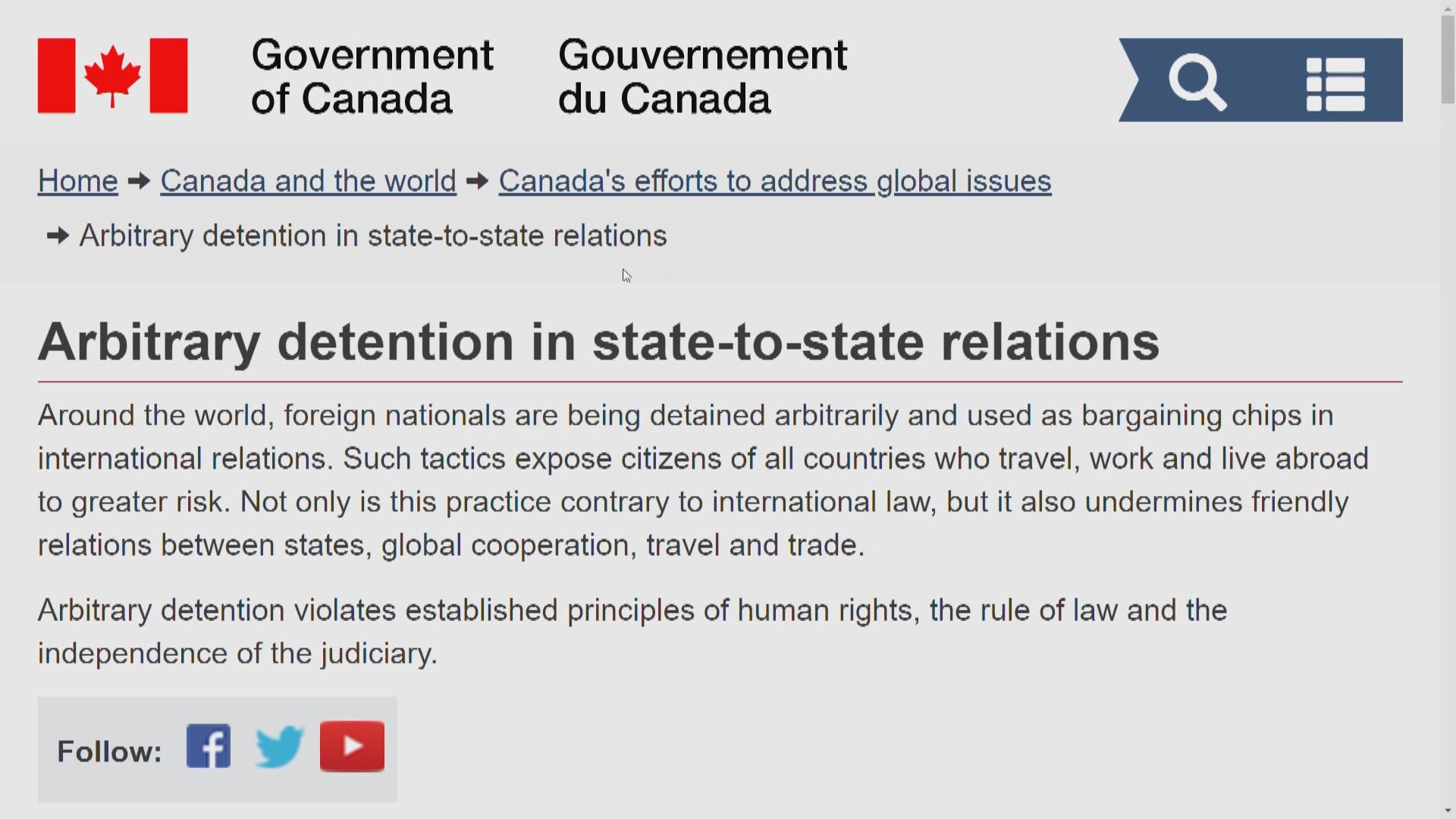 加拿大與58國促停止任意拘留外國公民