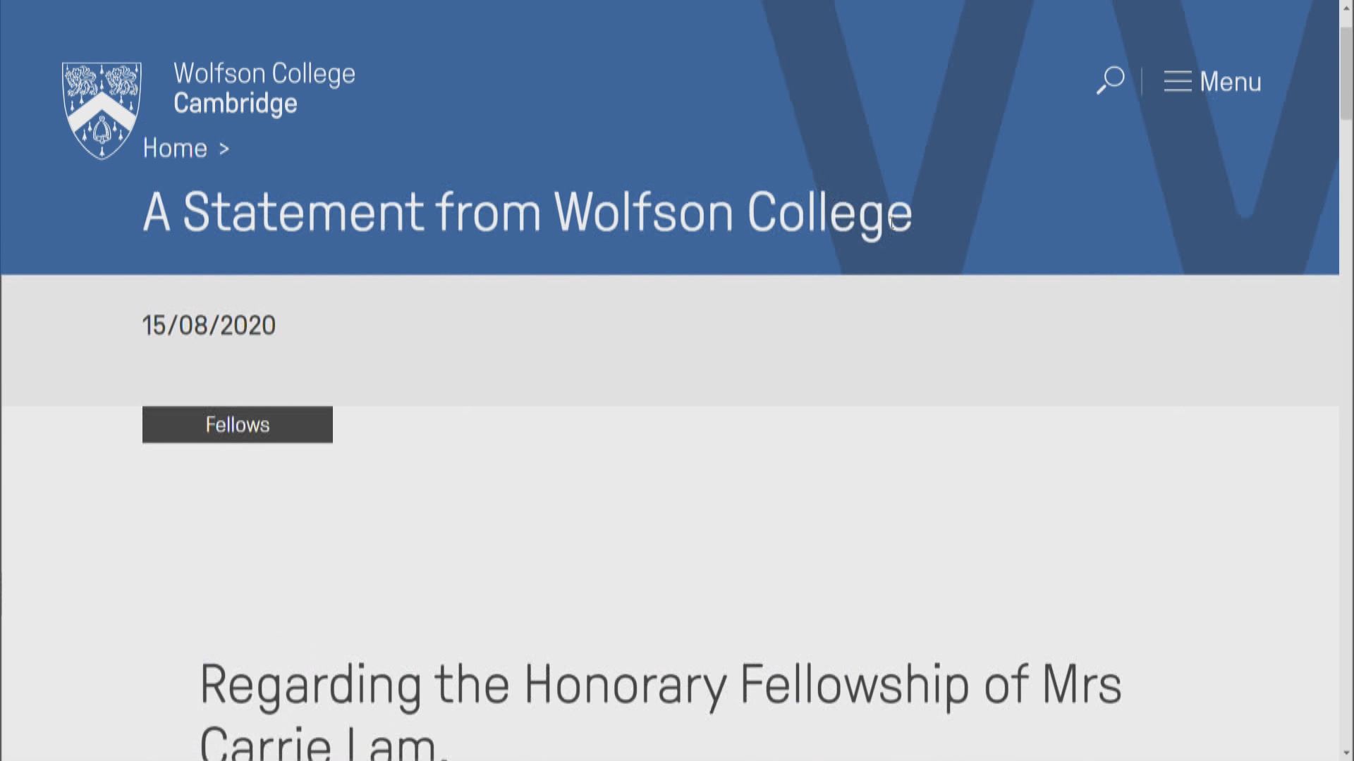 劍橋沃爾森學院承認關注林鄭月娥保障人權和表達自由承諾