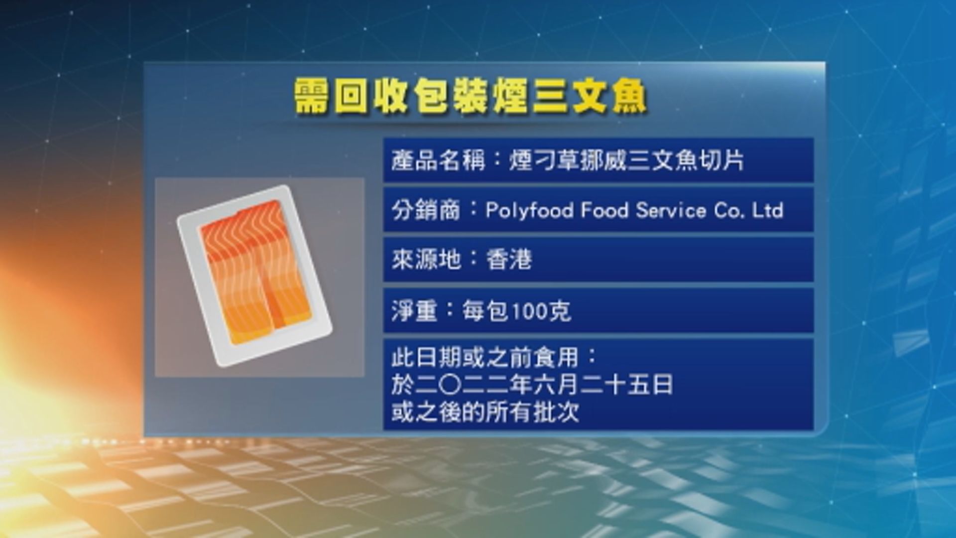 食安中心籲勿食用一款疑受李斯特菌污染冷凍煙三文魚