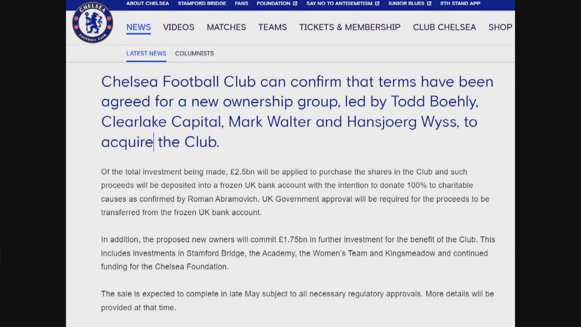 洛杉磯道奇老闆牽頭財團成功收購車路士