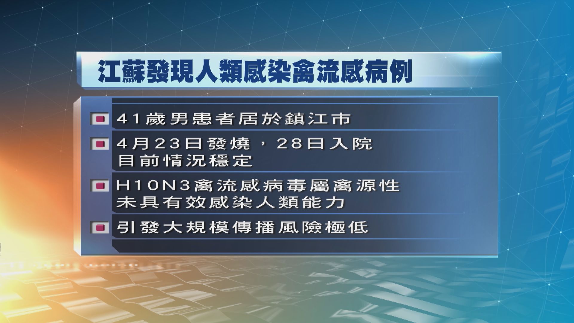 江蘇省發現一宗人類感染H10N3禽流感病例