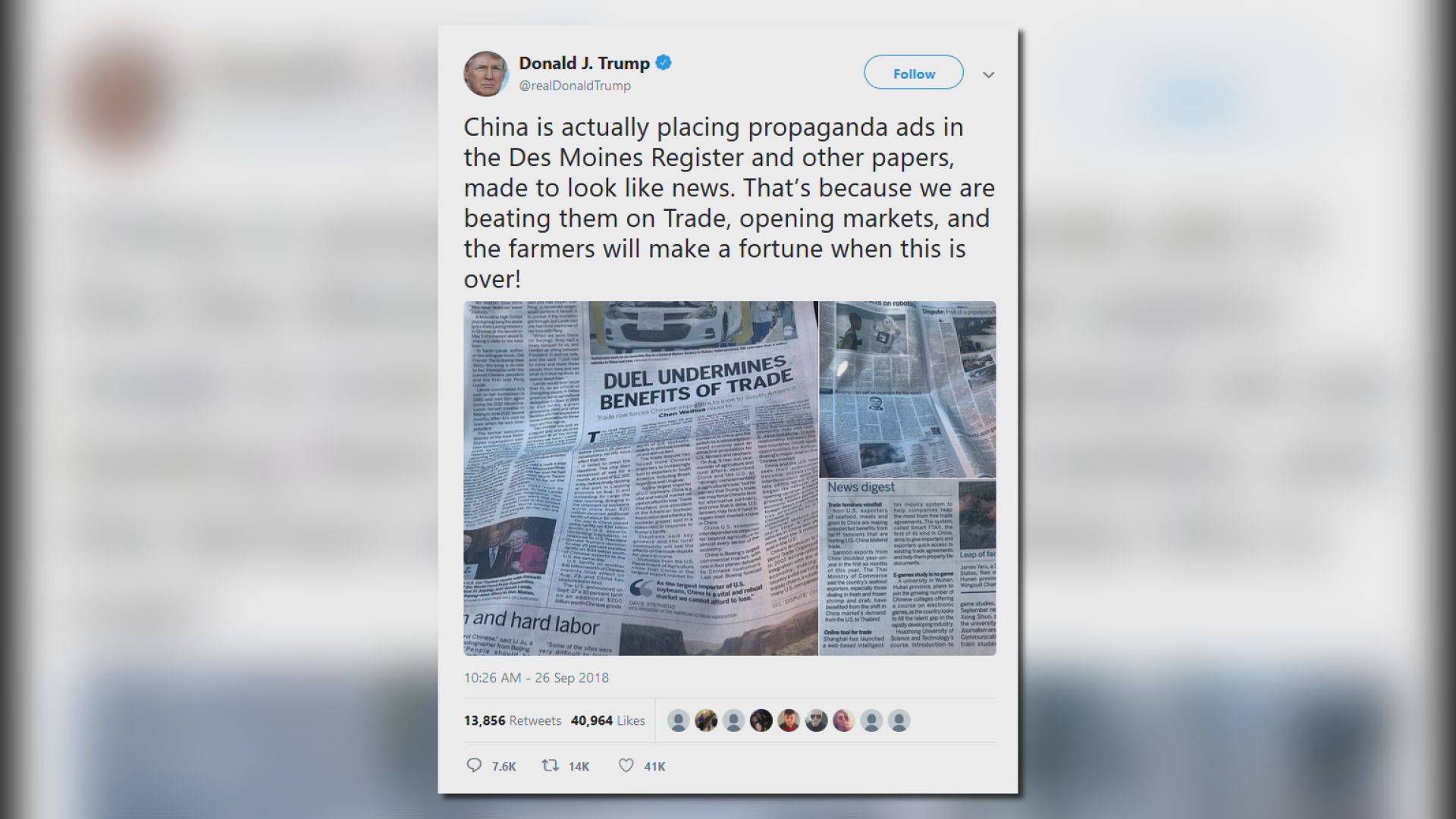 特朗普提出中方干預選舉「證據」