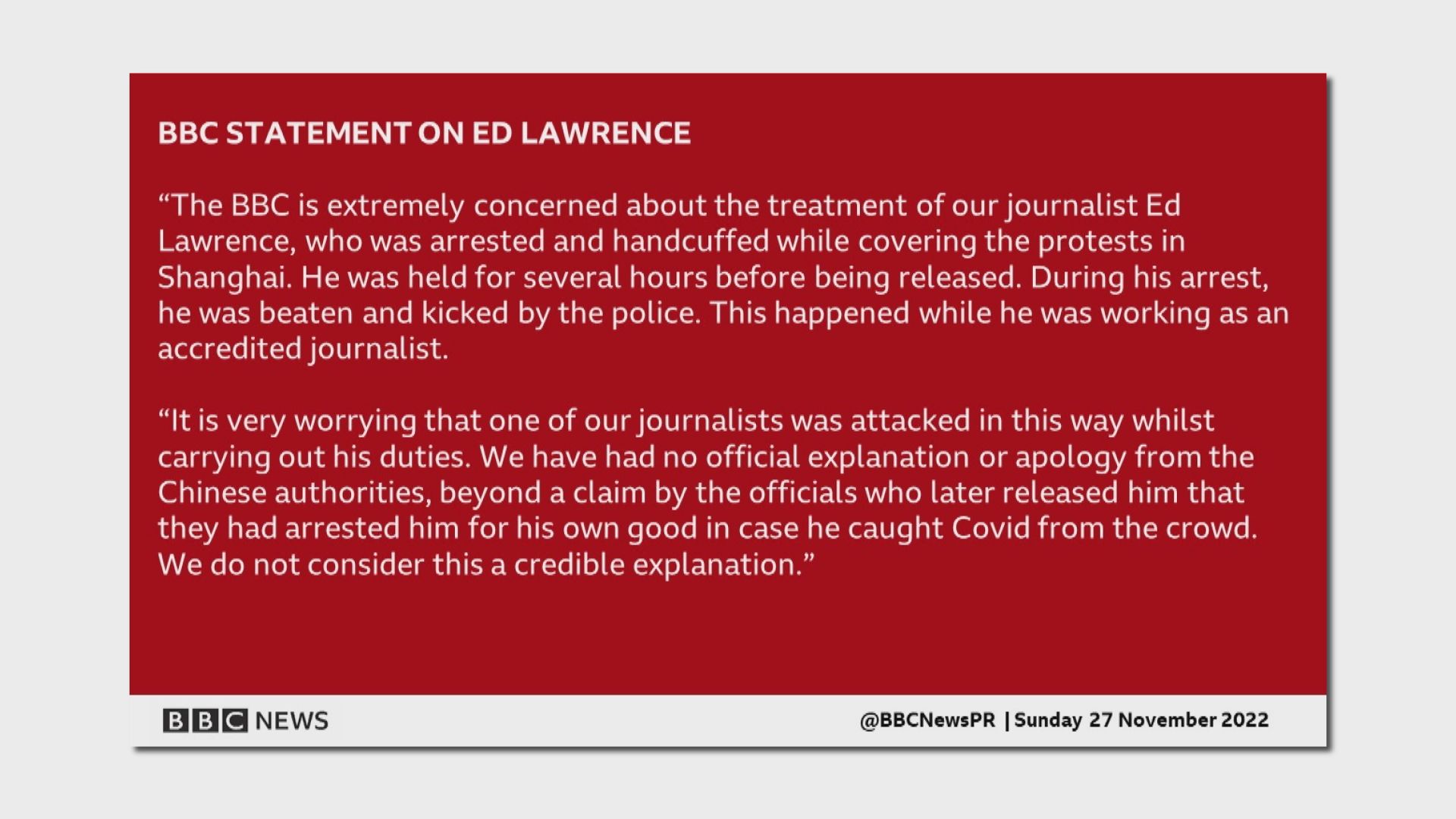 英國廣播公司記者被捕　中方指他沒有表明身份