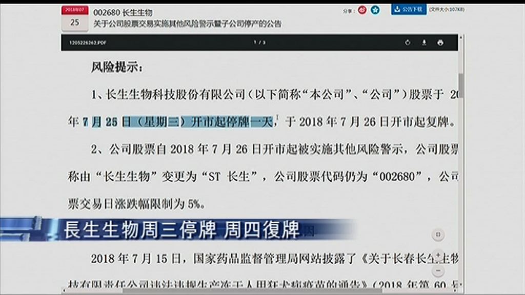 【假疫苗風暴】長生明日復牌「被ST」