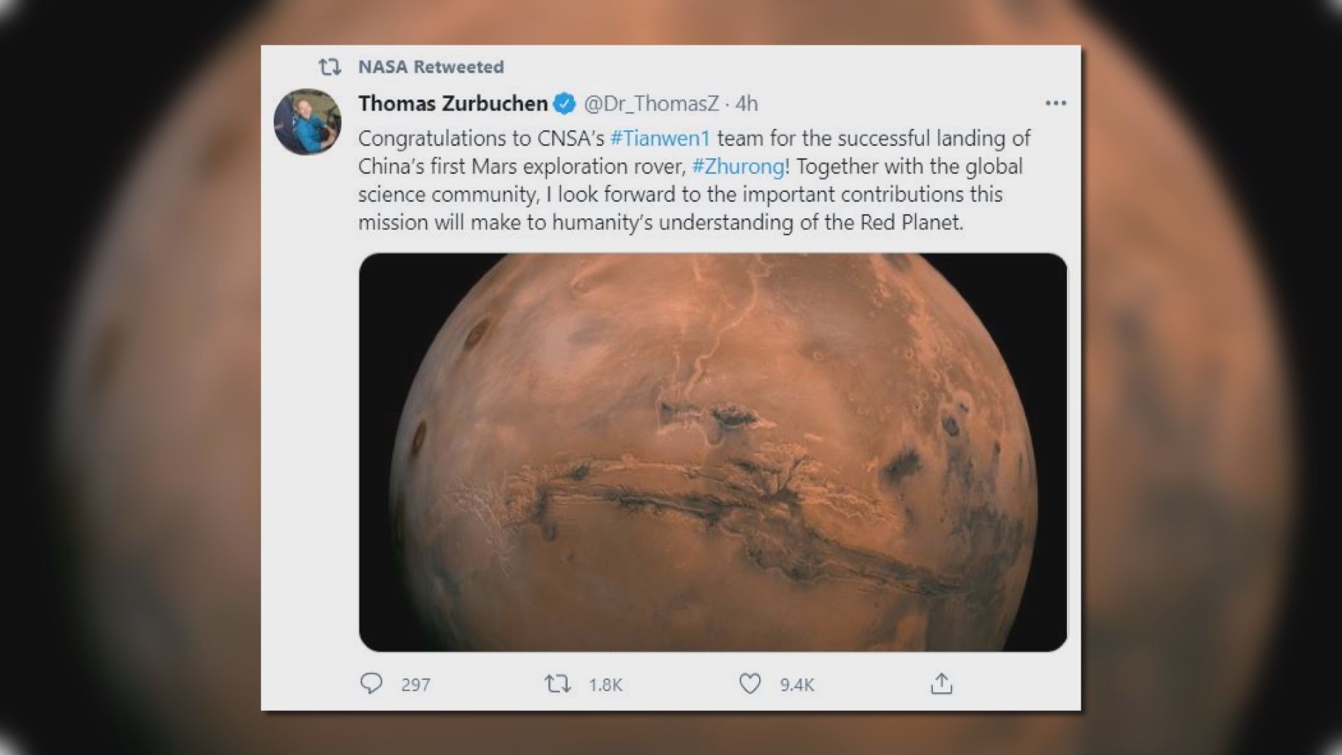 美俄恭賀天問一號成功著陸火星