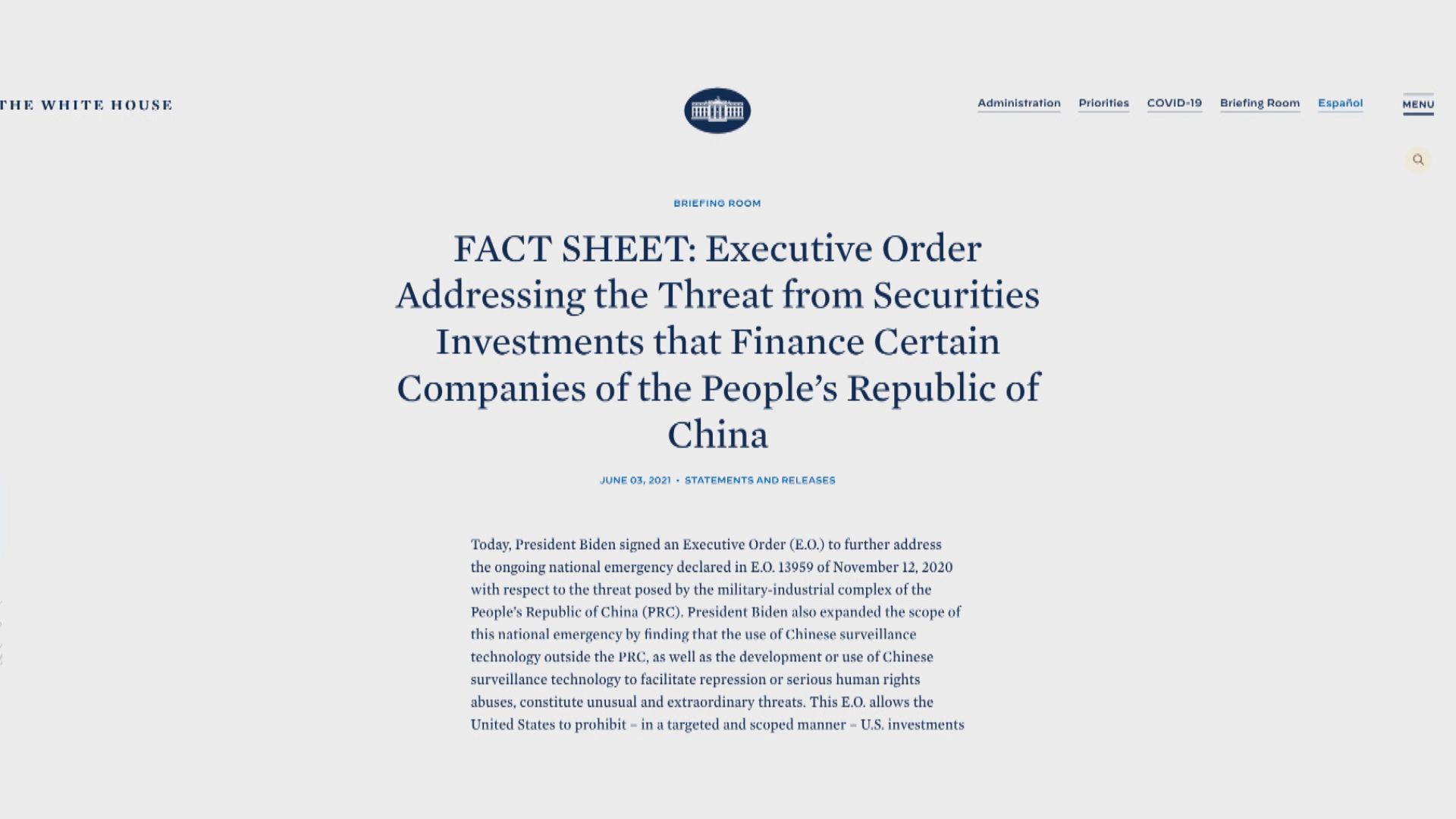 拜登將中國監控技術行業加入投資黑名單