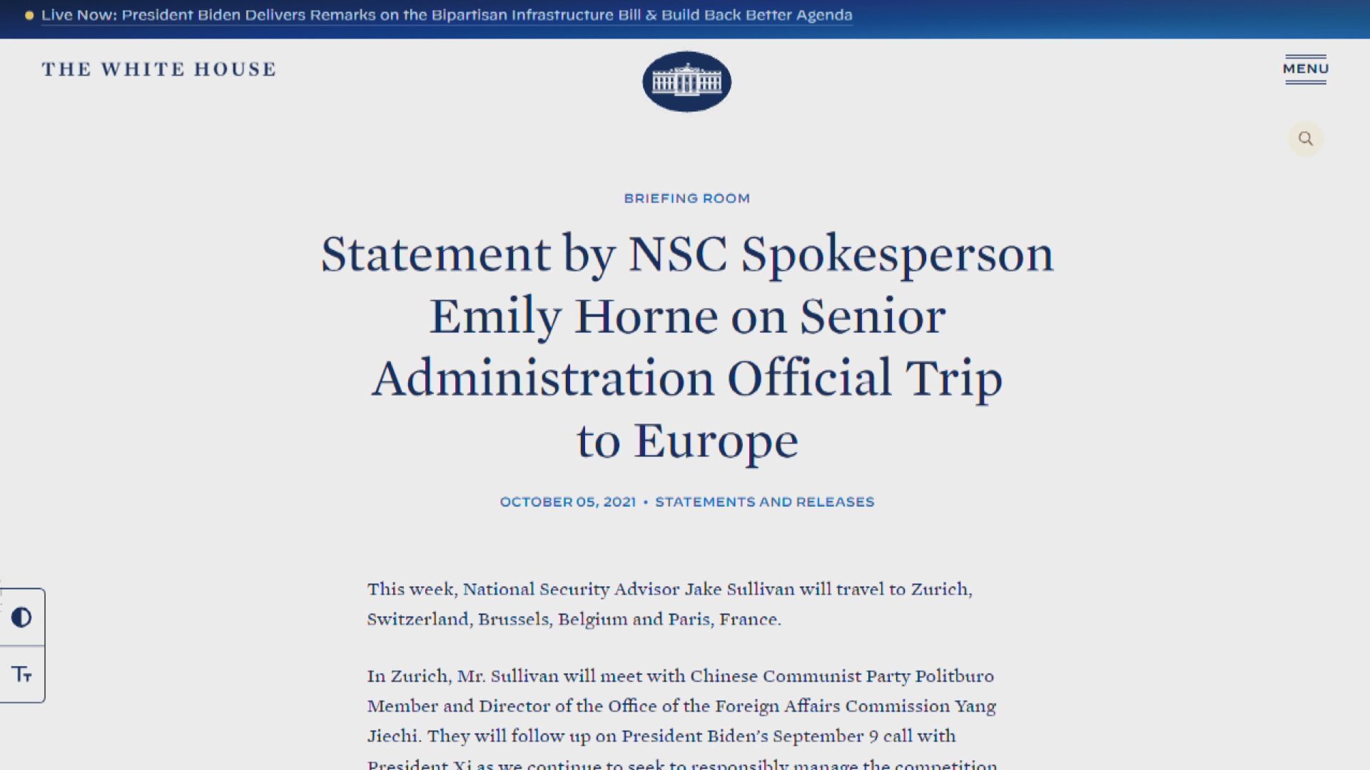 白宮宣布沙利文與楊潔篪本周於蘇黎世會晤