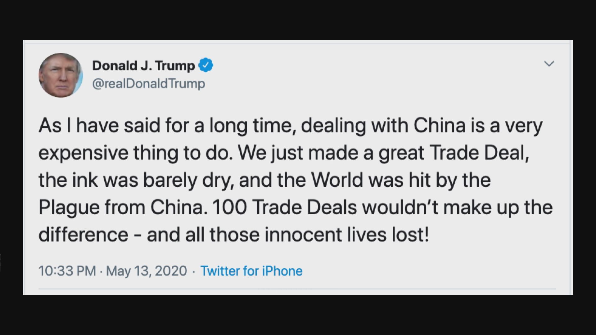 特朗普：100項的中美貿協也彌補不到疫情的衝擊