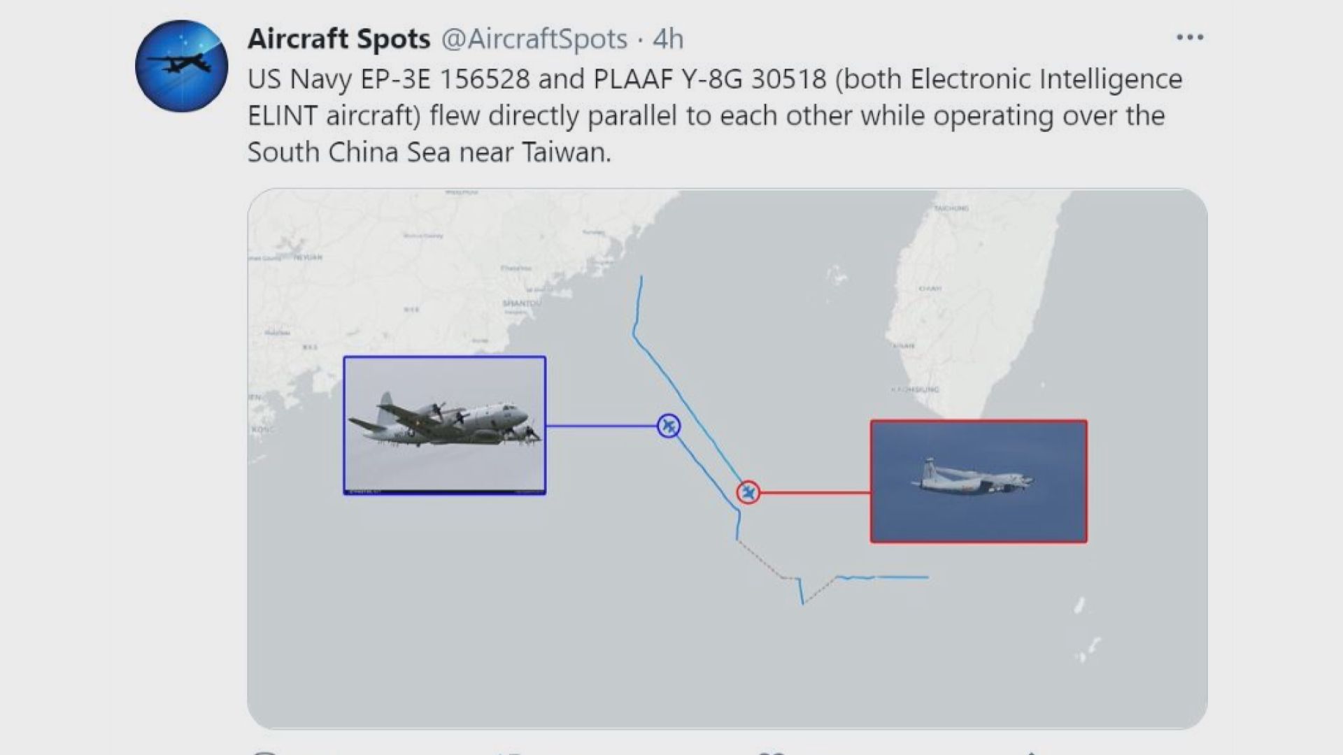 據報中美偵察機同時現身台灣西南空域