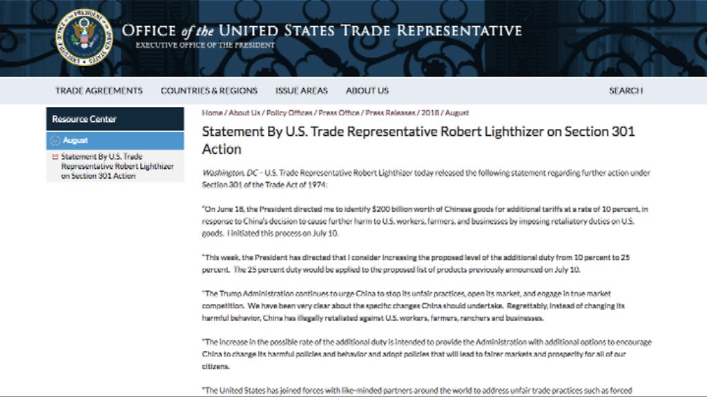 美政府證實擬對2千億美元中國貨徵更高關稅