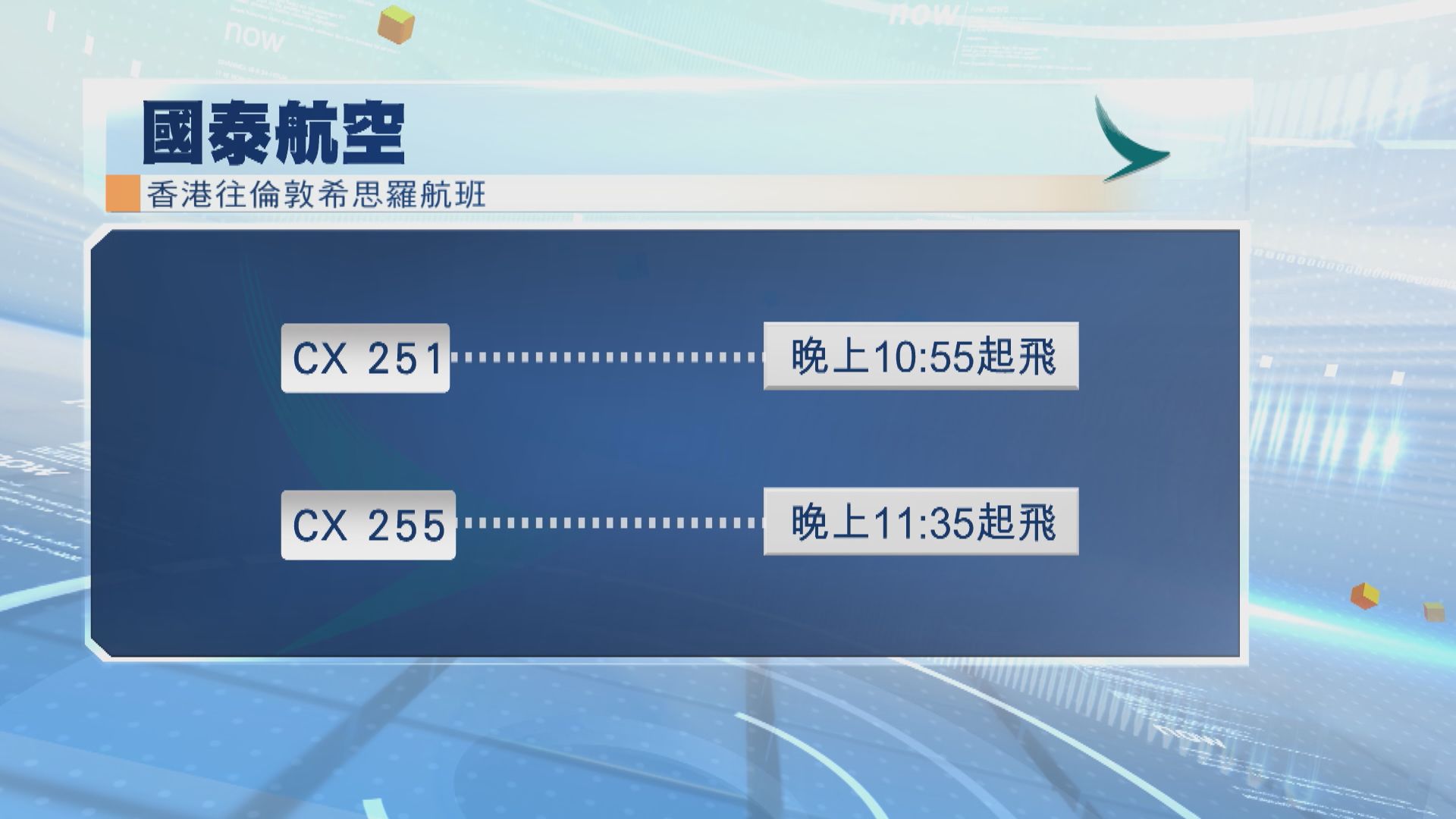 國泰指今晚CX251及CX255香港往倫敦的航班會如常運作