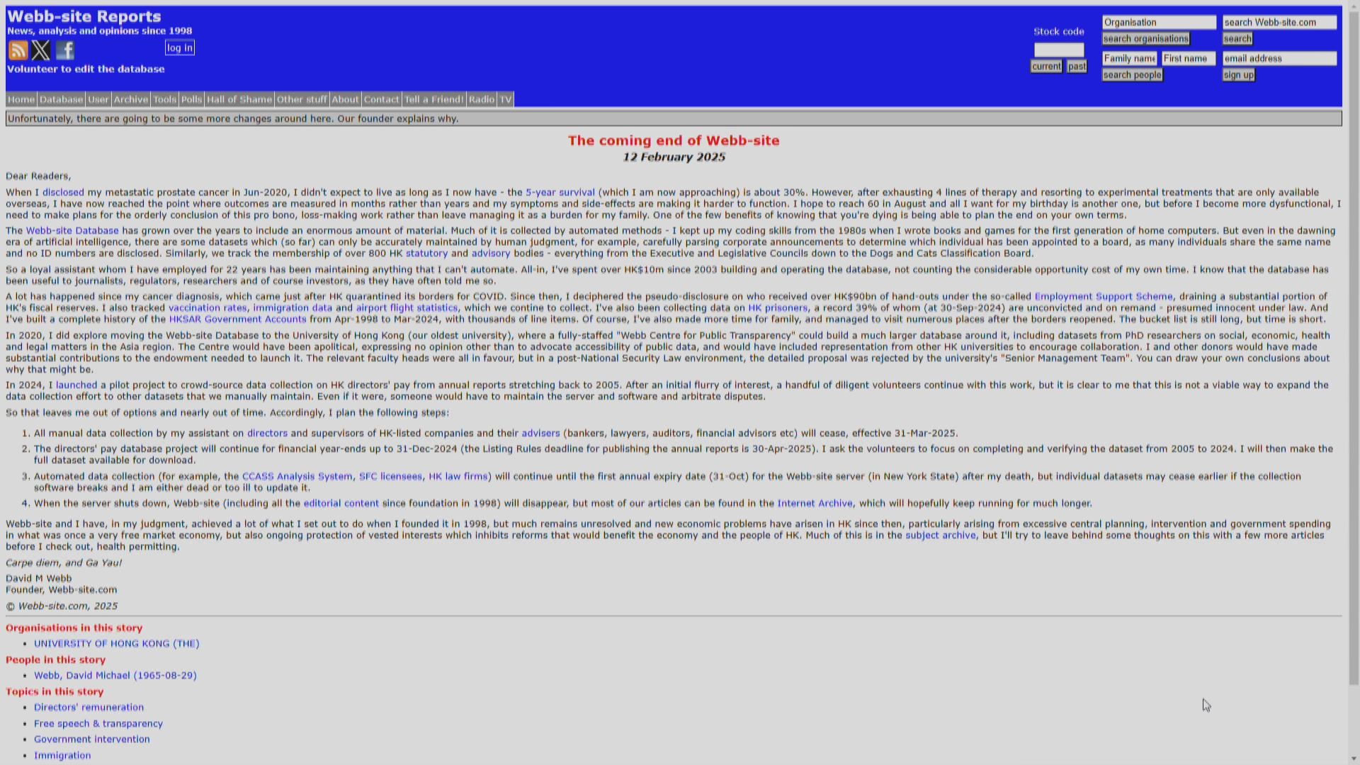 患病David Webb擬有序結束旗下財經網站