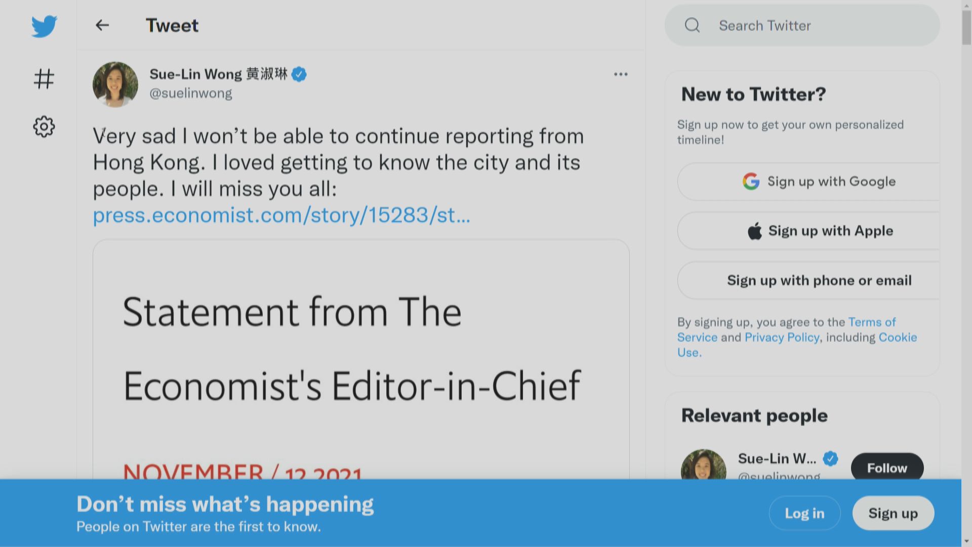 《經濟學人》記者駐港工作簽證不獲續批　入境處不評論個案