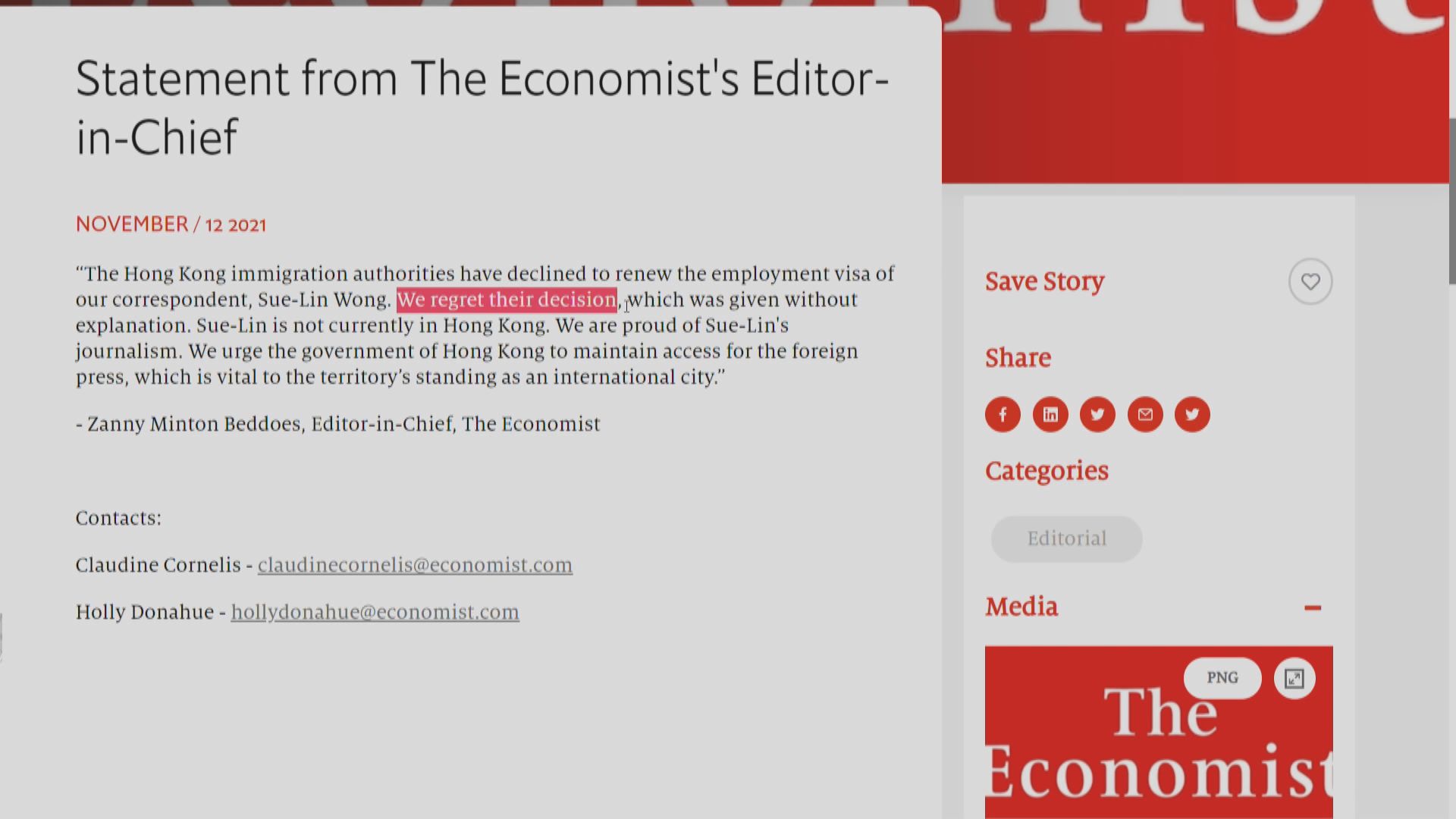 《經濟學人》記者駐港工作簽證不獲續批　記協深感遺憾