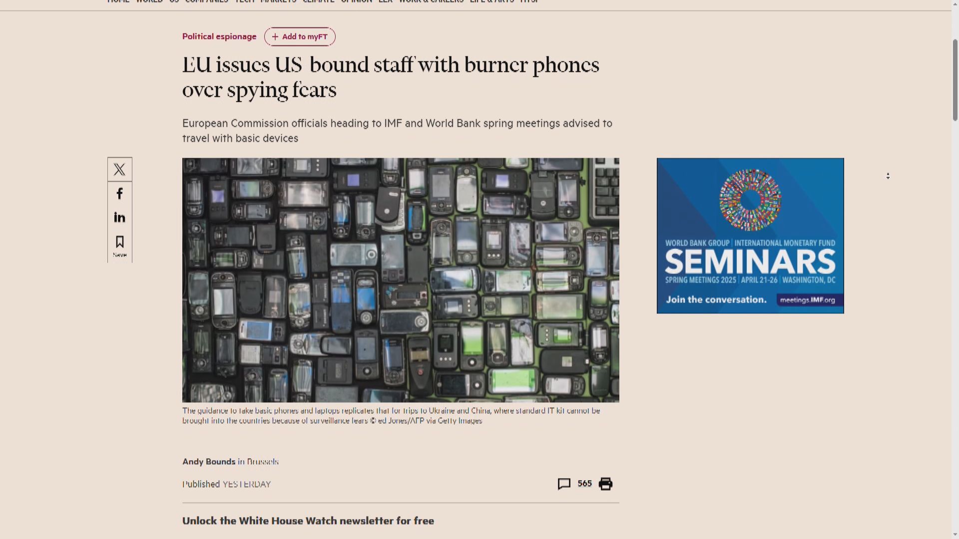 《金融時報》︰歐盟官員赴美需用即棄手機防入侵滲透