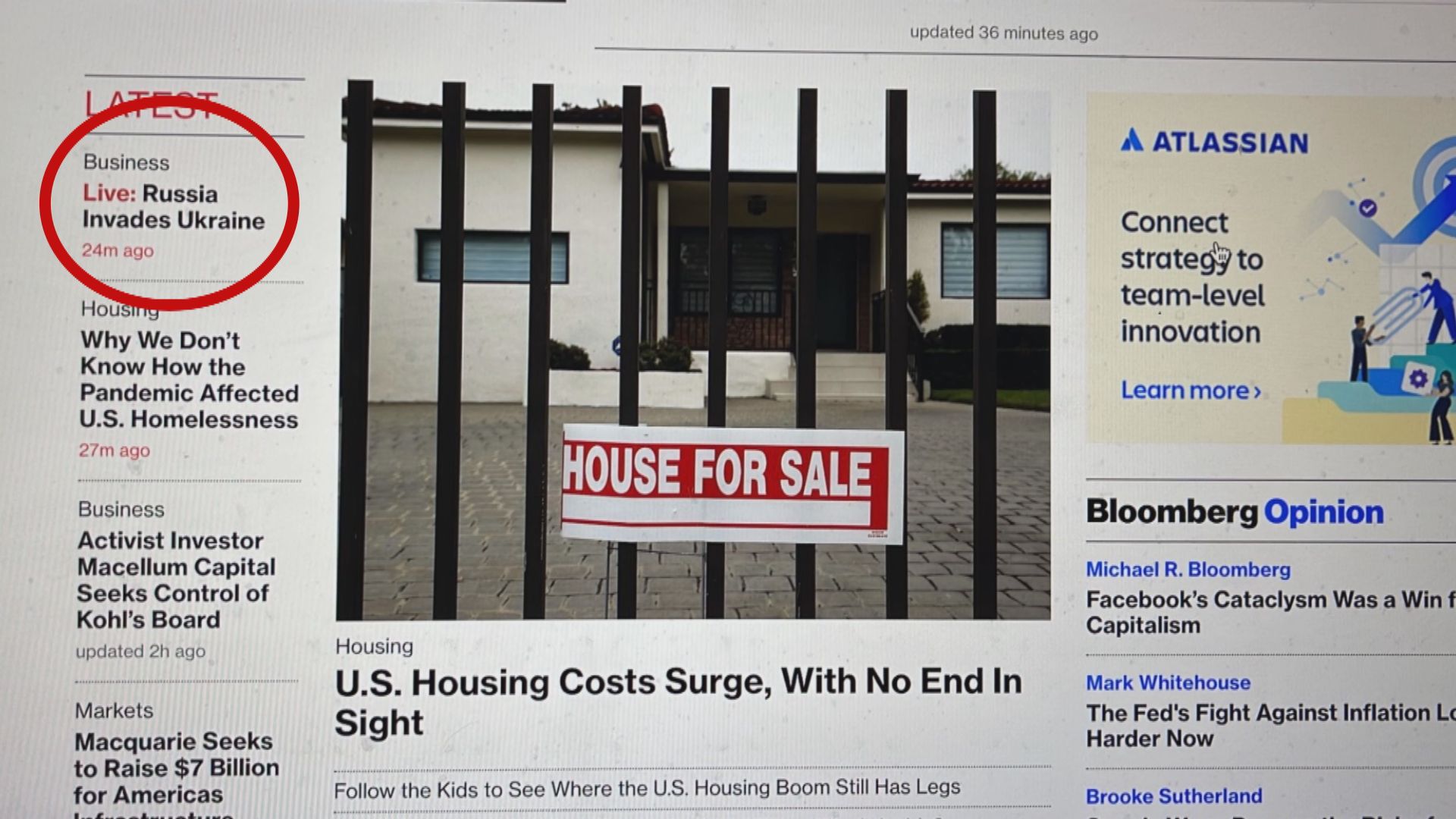 彭博社誤發「俄羅斯入侵烏克蘭」標題